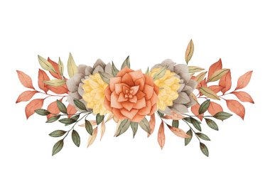 Suluboya buketi beyaza izole edilmiş. Çiçeklerin sıcak renkte elle çizilmiş sonbahar düzenlemesi. Düğün davetiyeleri, tebrik kartları, kartpostallar ve diğer şeyler için mükemmel..