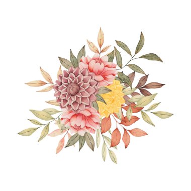 Suluboya buketi beyaza izole edilmiş. Çiçeklerin sıcak renkte elle çizilmiş sonbahar düzenlemesi. Düğün davetiyeleri, tebrik kartları, kartpostallar ve diğer şeyler için mükemmel..