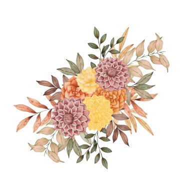 Suluboya buketi beyaza izole edilmiş. Çiçeklerin sıcak renkte elle çizilmiş sonbahar düzenlemesi. Düğün davetiyeleri, tebrik kartları, kartpostallar ve diğer şeyler için mükemmel..