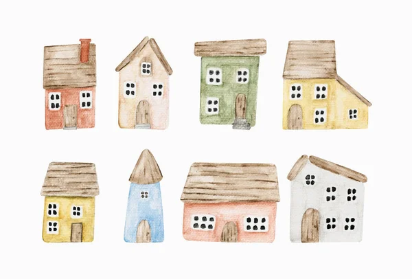 Watercolor Cute Little Houses Set Hand Drawn Summer Kids Illustration Imagens Royalty-Free