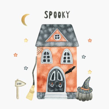 Suluboya korkunç perili ev çizimi. El çizimi şirin çocuklar Cadılar Bayramı tasarım unsuru. Tebrik kartı, davetiye, Cadılar Bayramı parti dekorasyonu ve diğer şeyler için mükemmel..