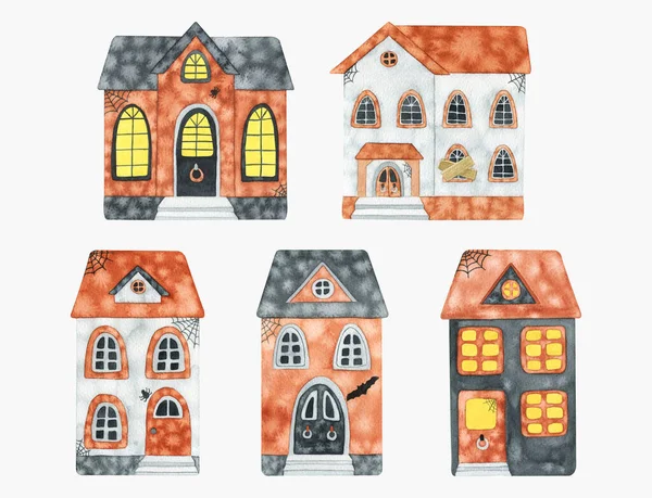 Zestaw Nawiedzonych Domów Akwareli Ręcznie Rysowane Ilustracje Halloween Kartki Okolicznościowe — Zdjęcie stockowe