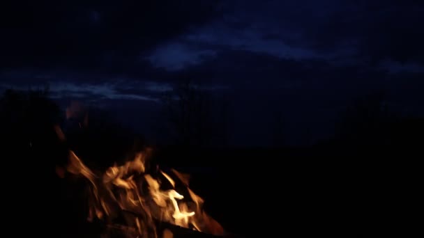 Feu crépitant contre le ciel du soir — Video