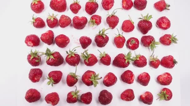 Strawberry lies on a white table top view from above — Stock Video