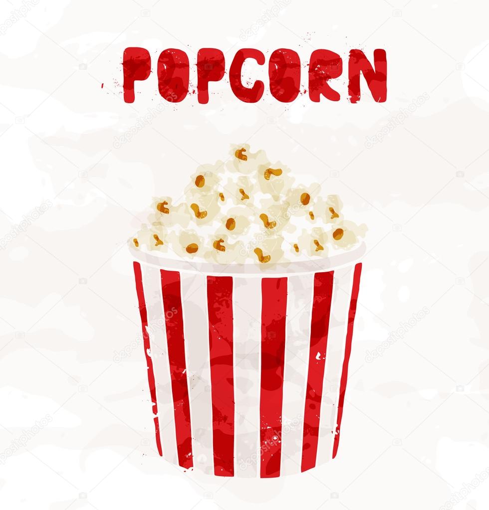 Popcorn in striped bucket on white background