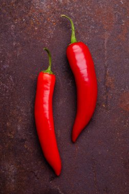 Paslı kahverengi metal arka planda kırmızı biber kabuğu. Tasarım konsepti. Seçici odak.