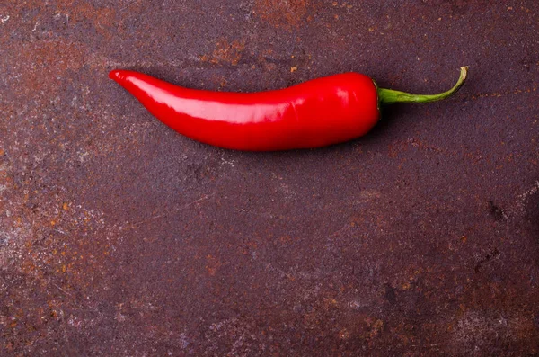 Red pepper pod on a rusty brown metal background. Design concept. Selective focus.