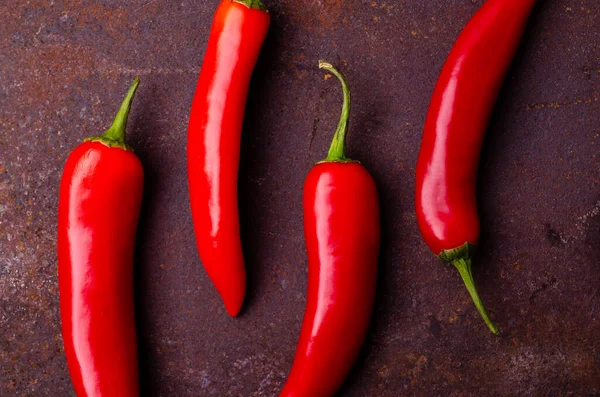 Red pepper pod on a rusty brown metal background. Design concept. Selective focus.