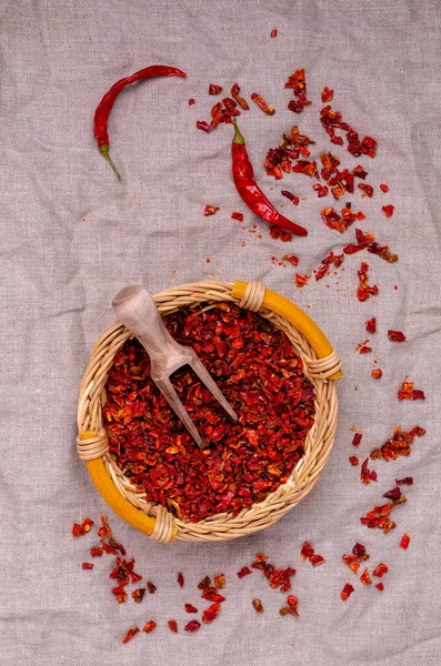 Slices of dry red pepper. A copy of the space. The concept of the design.