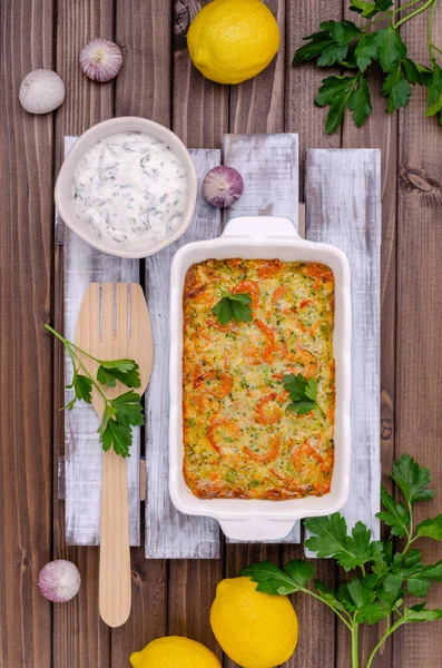 Vegetable Casserole Shrimp Dark Wooden Background Selective Focus — Stock Photo, Image