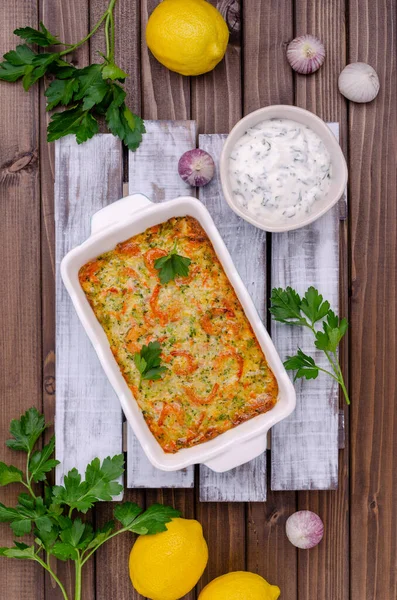 Vegetable Casserole Shrimp Dark Wooden Background Selective Focus — Stock Photo, Image