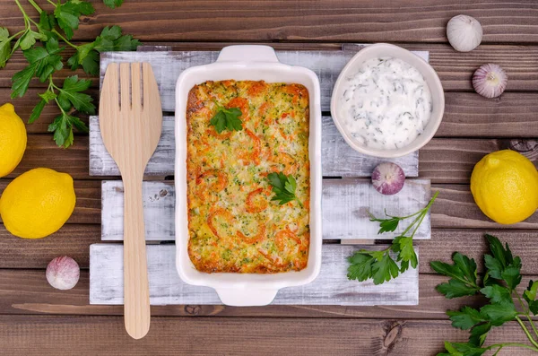 Vegetable Casserole Shrimp Dark Wooden Background Selective Focus — Stock Photo, Image