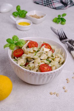 Domatesli kabuklu makarna ve çimento kaplı seramik tabakta pesto. Seçici odak.