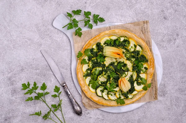 Vegetable Pie Green Sauce Concrete Background Top View Selective Focus — Stock Photo, Image