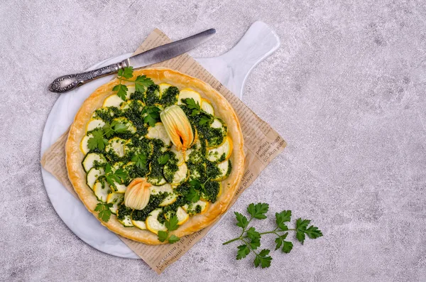 Vegetable Pie Green Sauce Concrete Background Top View Selective Focus — Stock Photo, Image