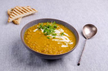 Tekstil arka planında mercimek ve sebzeli kalın çorba. Seçici odak.