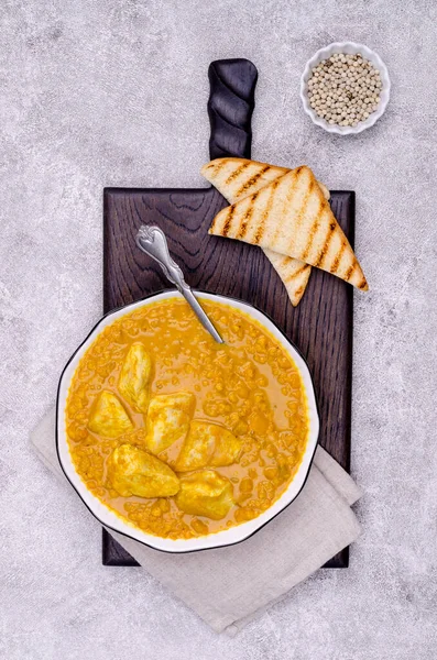 Curry Vegetables Lentils Meat Gray Stone Background Selective Focus Top — Stock Photo, Image