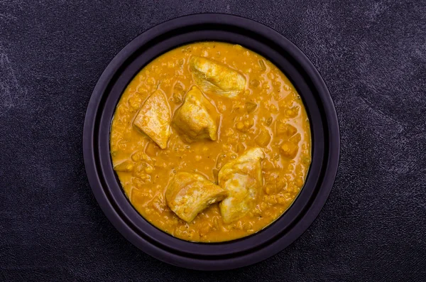 Curry Vegetables Lentils Meat Black Stone Background Selective Focus Top — Stock Photo, Image