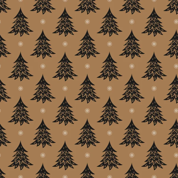 Vector Seamless Pattern Black Christmas Trees Brown Background Greeting Cards — Stock Vector