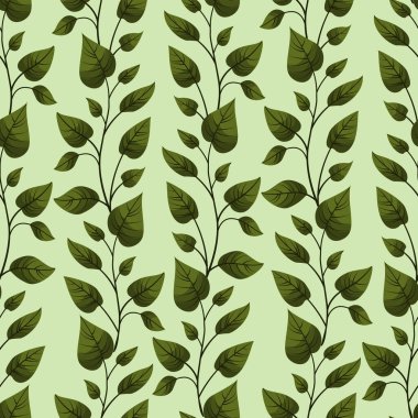 Dikey yeşil yapraklı vektörsüz desen; tebrik kartları, davetiyeler, posterler, afişler, ambalaj kağıtları için.