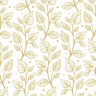 Dikey soyut yapraklı vektör deseni; beyaz arkaplanda altın dallar; tebrik kartları, posterler, afişler, ambalaj kağıtları için.