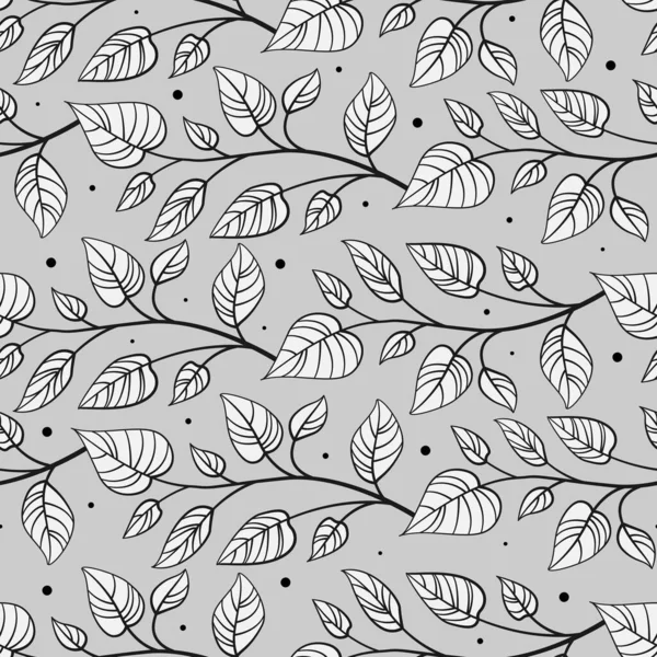 Vektornahtloses Muster Mit Horizontalen Blätterzweigen Auf Grauem Hintergrund Für Packpapier — Stockvektor