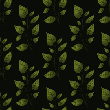 Siyah arkaplanda yeşil yaprak dalları olan kusursuz vektör deseni.