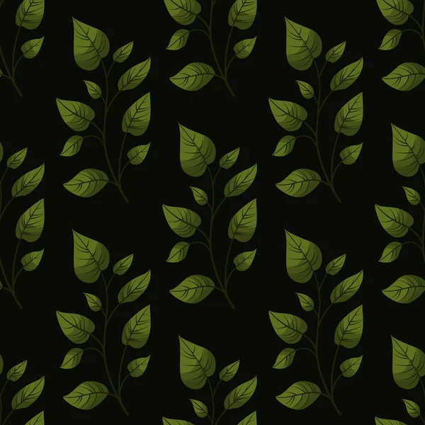 Vector Seamless Pattern Green Foliate Twigs Black Background — Stock Vector