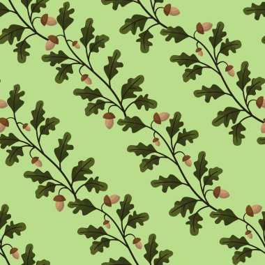 Çapraz meşe dalları ve meşe palamudu ile vektörsüz desen; ambalaj kağıdı, tebrik kartları, posterler, afişler için.