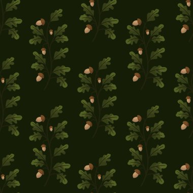 Koyu yeşil arka planda meşe dalları ve meşe palamutları ile vektörsüz desen.