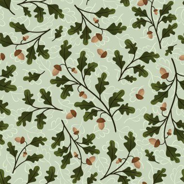 Meşe yaprakları ve meşe palamudu ile vektörsüz desen; ambalaj kağıdı, tebrik kartları, posterler, afişler, ambalaj için.