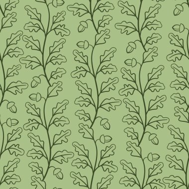 Yeşil zemin üzerinde koyu yeşil meşe dalları ile vektörsüz desen; ambalaj kağıdı, tebrik kartları, posterler, afişler, ambalaj için.
