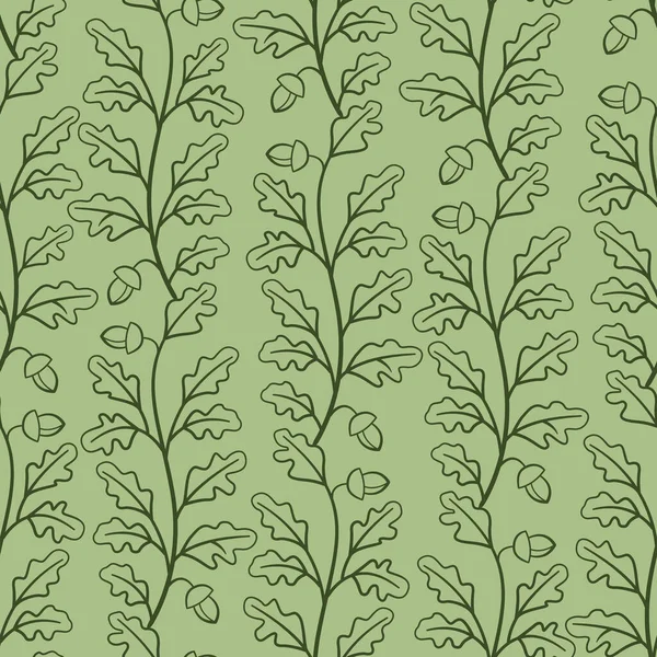 Vektornahtloses Muster Mit Dunkelgrünen Vertikalen Eichenzweigen Auf Grünem Hintergrund Zum — Stockvektor