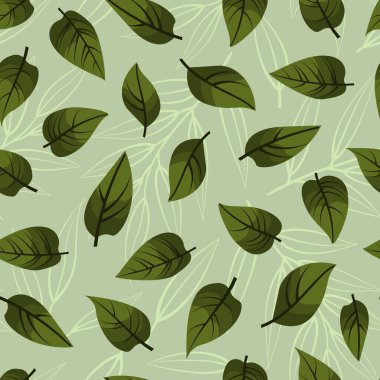 Yeşil yapraklı vektörsüz desen; tebrik kartları, ambalaj kağıtları, posterler, afişler, ambalajlar için.