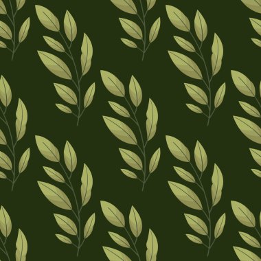 Koyu yeşil arkaplanda koyu yeşil dalları olan vektörsüz desen; ambalaj, ambalaj kağıdı, posterler, afişler için.
