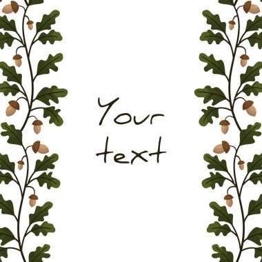 Tebrik kartları, davetiyeler, düğün kartları, posterler, afişler, web tasarımı için meşe yaprakları ve meşe palamutlarıyla dikey kenarlar. Vektör illüstrasyonu.