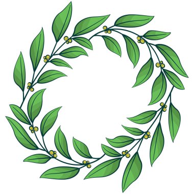 Yapraklı yuvarlak çerçeve; tebrik kartları, davetiyeler, posterler, afişler için yeşil vektör çelengi.