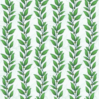 Yeşil dikey yapraklı vektörsüz desen; tebrik kartları, ambalaj kağıtları, posterler, afişler, ambalajlar için.