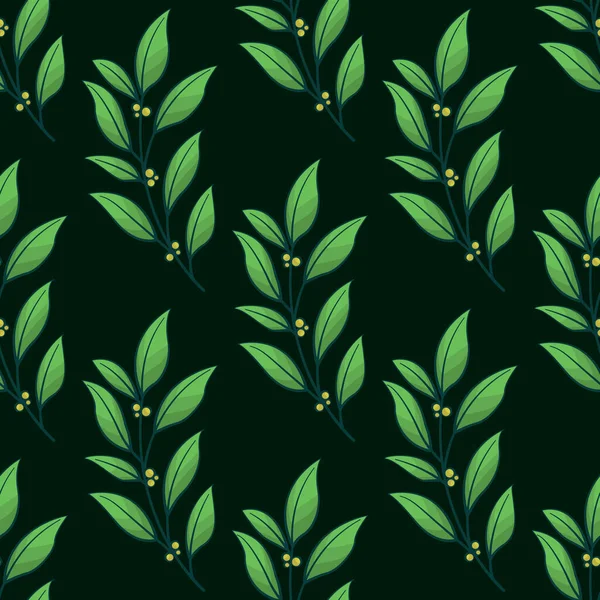 Διάνυσμα Χωρίς Ραφή Μοτίβο Πράσινα Κλαδιά Φυλλώματος Σκούρο Πράσινο Φόντο — Διανυσματικό Αρχείο