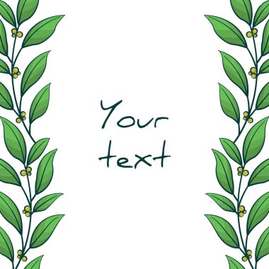 Dikey yapraklı kenarlar; yeşil yapraklı dallar ve sarı dutlar; tebrik kartları, davetiyeler, posterler, afişler için.