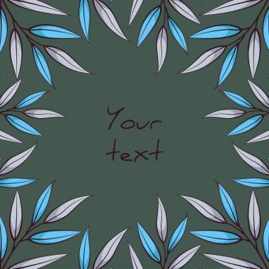 Kare yapraklı kartpostal; mavi ve gri yapraklı çerçeve; tebrik kartları, davetiyeler, posterler, afişler için tasarım. 