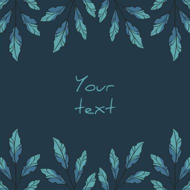 Kare yapraklı kartpostal; mavi yapraklı sınırlar; tebrik kartları, davetiyeler, posterler, afişler için tasarım. 