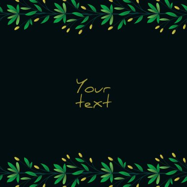 Bahar dalları ile arkaplan; tebrik kartları, davetiyeler, posterler, afişler için siyah arkaplan üzerindeki yapraklı sınırlar.