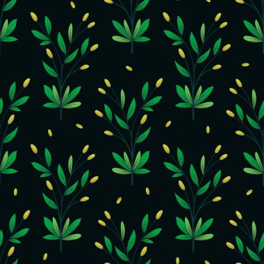 Siyah zemin üzerinde bahar dalları olan vektörsüz desen; tebrik kartları, ambalaj, davetiyeler, posterler, afişler için.