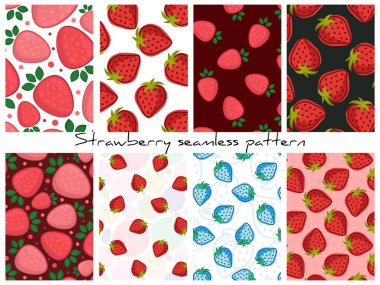 Çilek desenleri seti; ambalaj kağıdı, kumaş, ambalaj, tekstil için çilek arkaplanı.