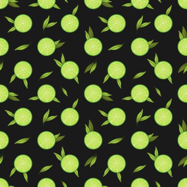 Yuvarlak kireç dilimleri ve siyah renkli yeşil yapraklarla vektörsüz desen; ambalaj kağıdı, kumaş, tekstil, ambalaj için meyvemsi arkaplan.