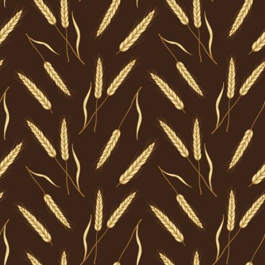 Kahverengi arka planda buğday kulakları olan vektörsüz şablon; ambalaj kağıdı, kumaş, tekstil için.