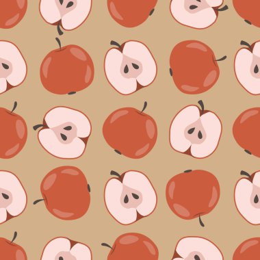 Elma pürüzsüz desen. Kırmızı elmalar, yarım elma ve elma tohumları bej arka planda. Paketleme, ambalaj kağıdı, kumaş ve tekstil için el çizimi tasarımı.