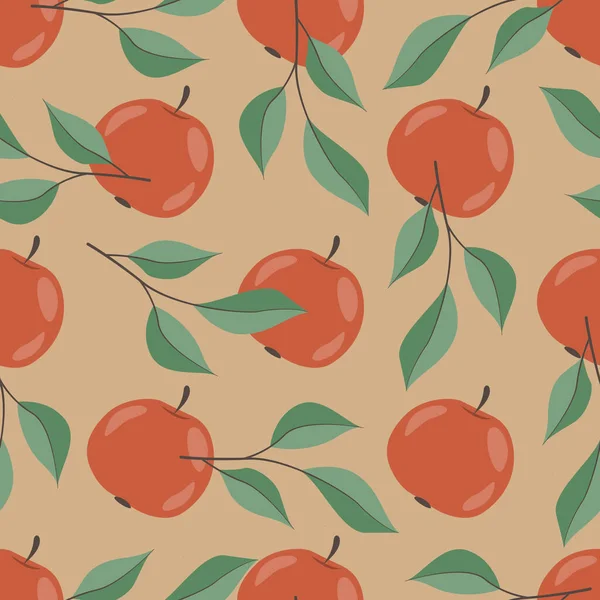 Apple Seamless Pattern Red Apples Apple Branches Beige Background Hand — Stock Vector