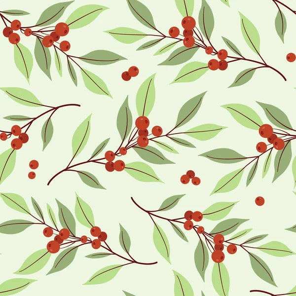 Cranberry Sem Costura Padrão Foliate Ramos Com Bagas Vermelhas Design — Vetor de Stock